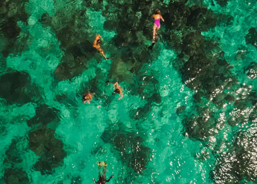 Gili Islands: 4-in-1 Catamaran Snorkeling Experience - A floating beach club in a calm bay