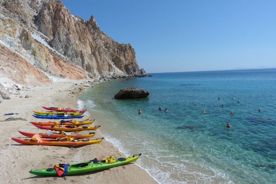 Milos: Guided Kayaking Trip with Snorkelling & Lunch - The first beach stop: one hour for swimming and snacks