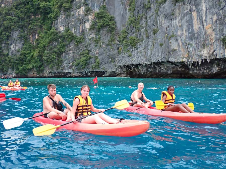 Phi Phi: Pirate Boat with Snorkeling, Kayaking, and Party - Monkey Beach and the first swim