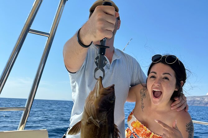 Santorini Fishing Private Cruise boat tour - BBQ, Snorkeling - The onboard barbecue and fresh-caught lunch