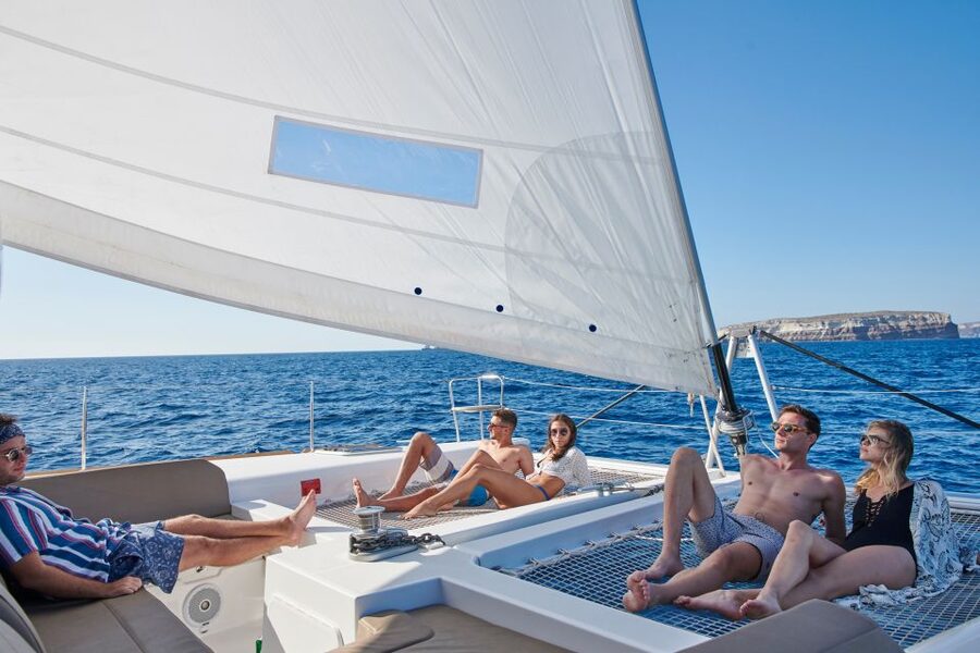 Santorini Gold Catamaran Cruise with Snorkel, BBQ & Open Bar - The caldera cliffs from a lower viewpoint